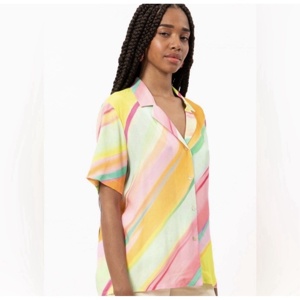Frnch Top Womens Size Small Shelly Button Down Diagonal Rainbow Bright Pride NEW